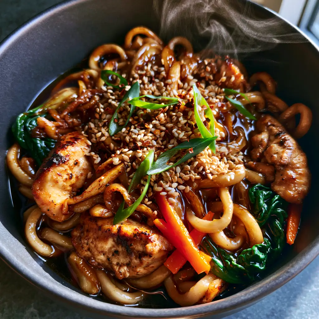 Garlic Chicken Lo Mein: The Ultimate Better-Than-Takeout Recipe 2 Macro top-down shot of glossy Garlic Chicken Lo Mein with sesame seeds and scallions.