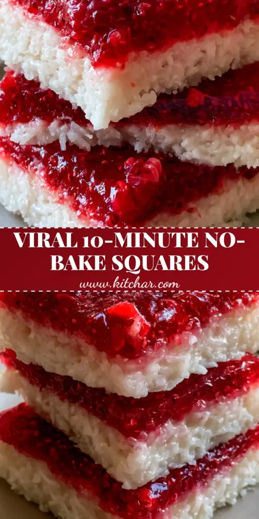 A tall stack of Raspberry Coconut Squares with a thick white coconut base and a glistening deep red raspberry jam top on a beige linen background.