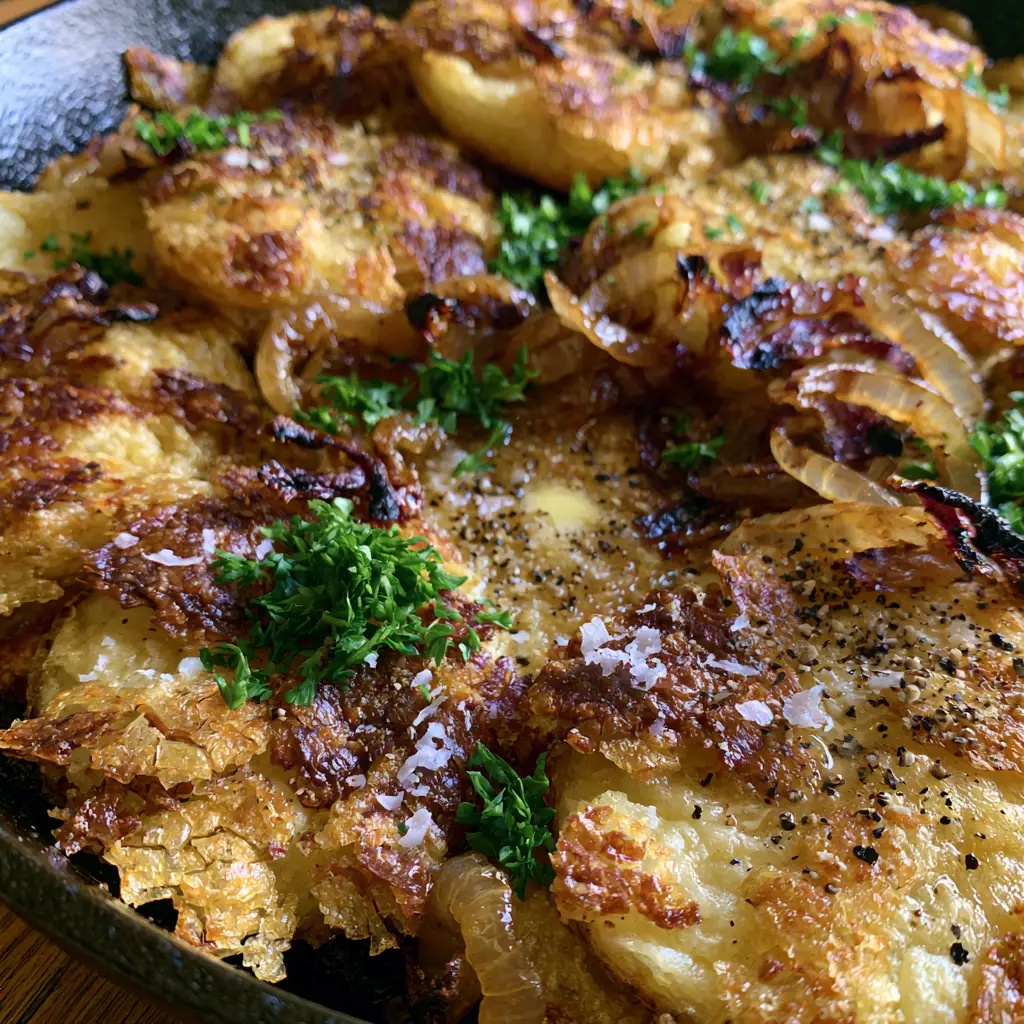 Close-up of caramelized onion slivers with charred tips mixed with golden fried potatoes. (fried potatoes with onions)