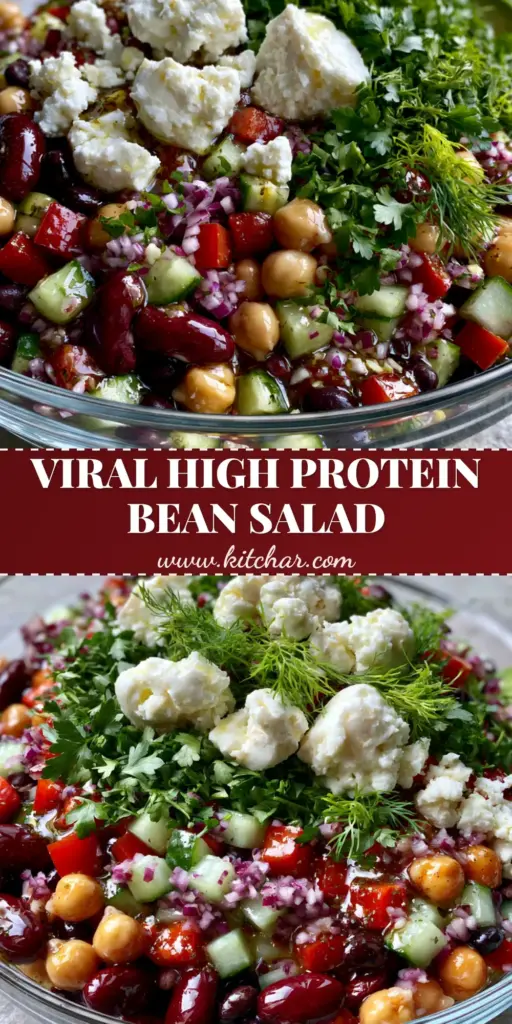 A colorful layered dense bean salad in a clear glass bowl featuring chickpeas, kidney beans, and black beans with fresh herbs and feta. (dense bean salad recipes)