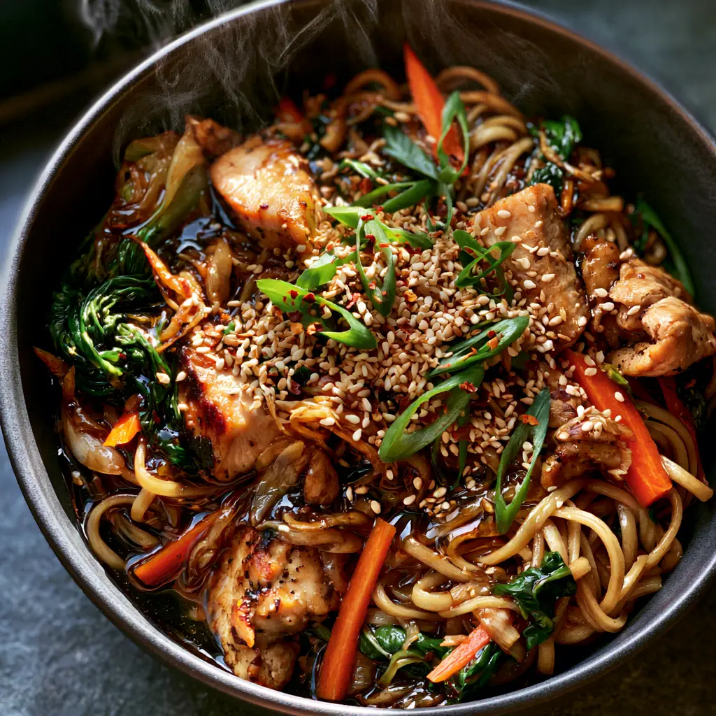 Garlic Chicken Lo Mein: The Ultimate Better-Than-Takeout Recipe 1 Close up of seared golden chicken chunks and emerald green bok choy in Garlic Chicken Lo Mein.