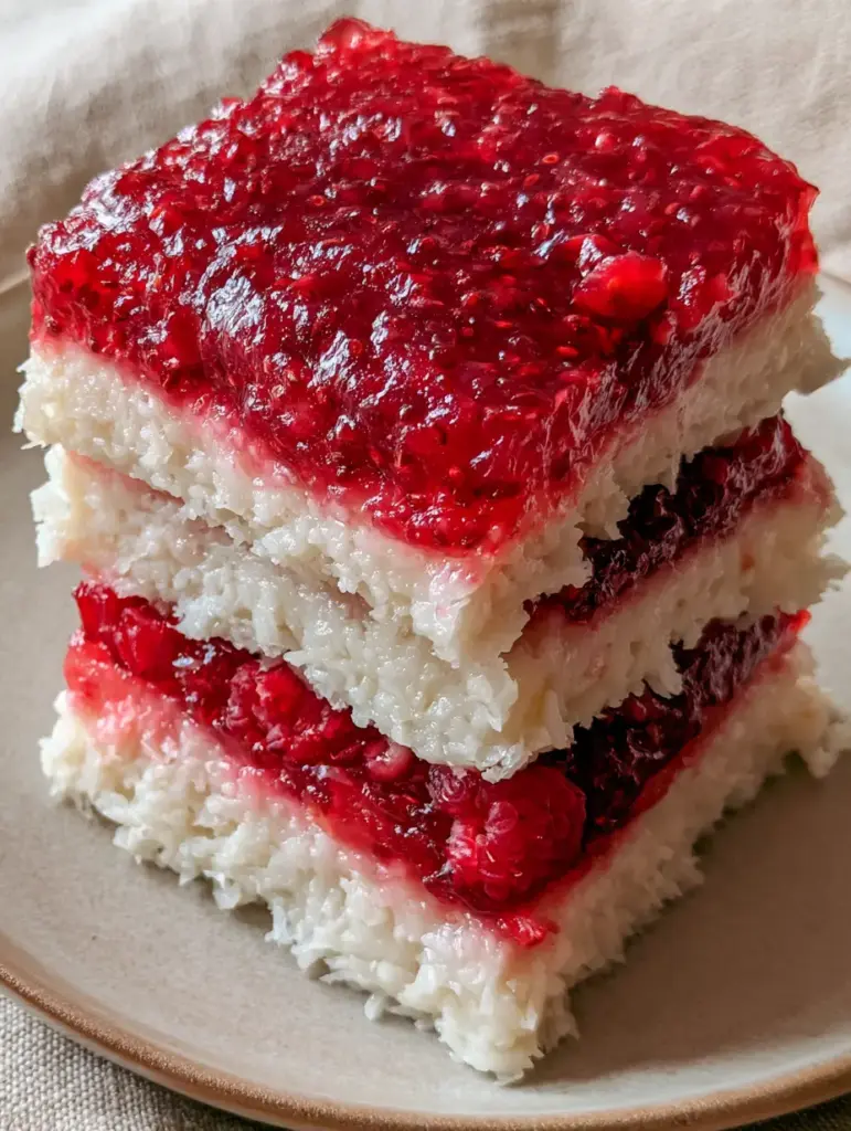 Close-up shot of Raspberry Coconut Squares showing the fibrous coconut texture and the translucent raspberry gel with tiny seeds.