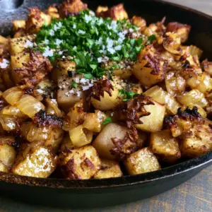 Close up photo of Southern Fried Potatoes showing jagged golden-brown edges and translucent caramelized onions in a black skillet.