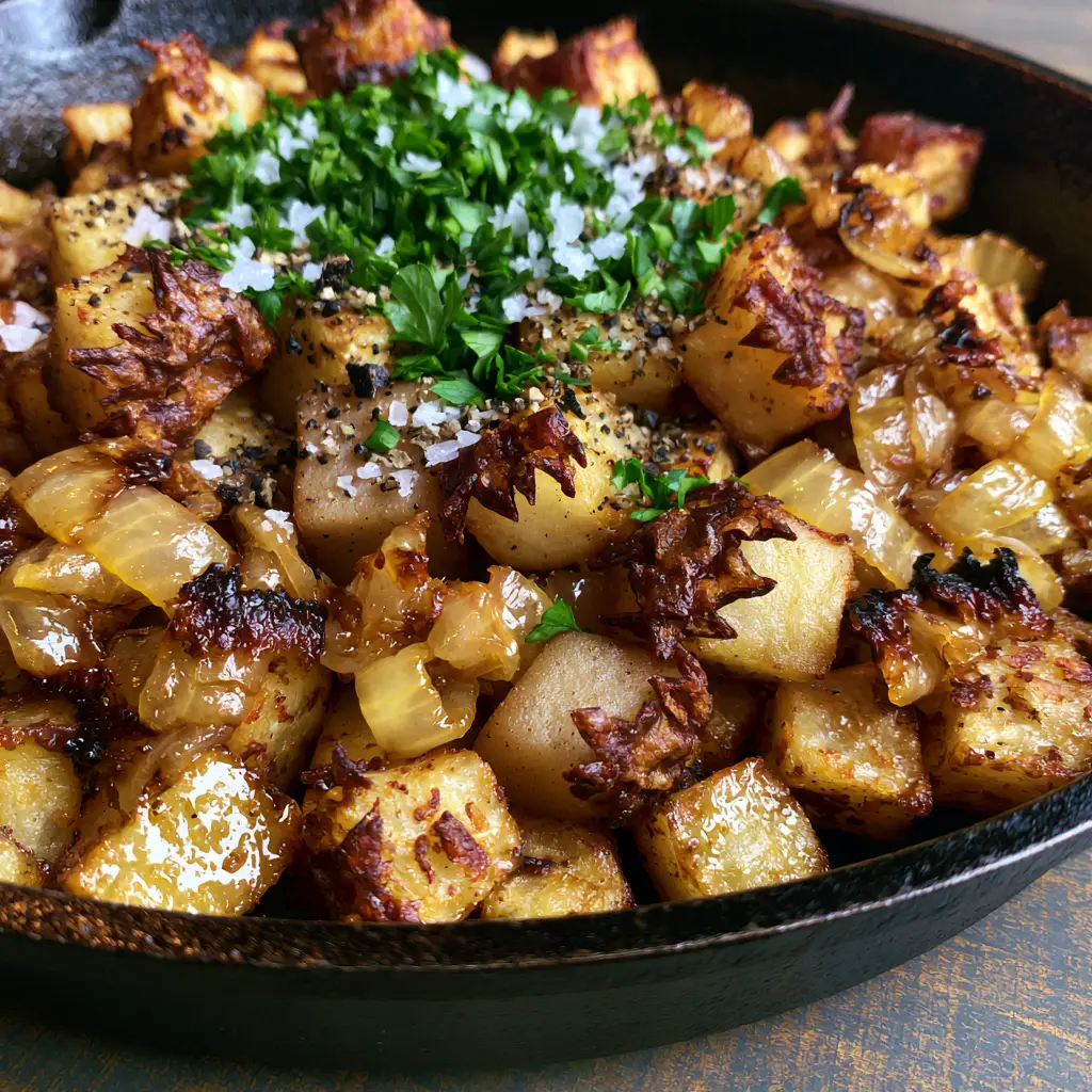 Southern Fried Potatoes with Crispy Edges and Caramelized Onions 2 Close up photo of Southern Fried Potatoes showing jagged golden-brown edges and translucent caramelized onions in a black skillet.