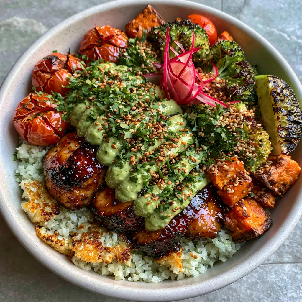 Paleo Family Dinner Recipes: Honey Garlic Chicken and Toasted Cauliflower Rice Bowls 2 Macro shot of toasted cauliflower rice and glazed chicken medallions. (Paleo family dinner recipes)