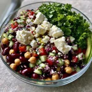 Close up shot of a dense bean salad showing glossy chickpeas, dark kidney beans, and vibrant red peppers in a glass bowl. (dense bean salad recipes)