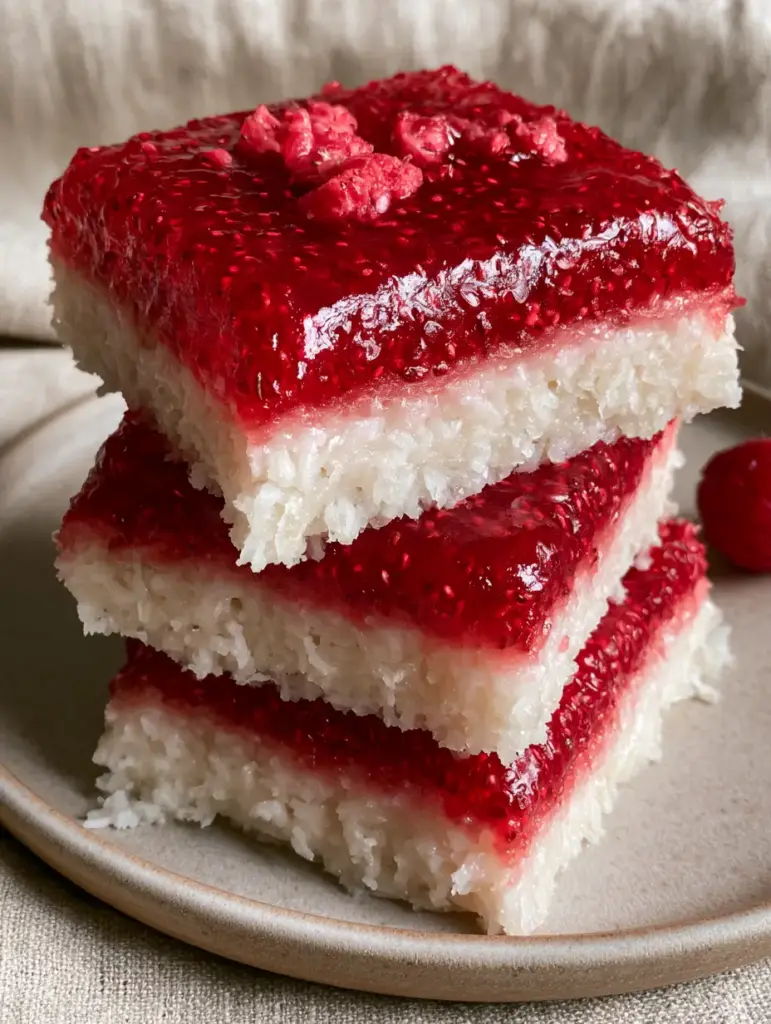 Handheld photo of stacked Raspberry Coconut Squares on a matte ceramic plate with soft natural light.