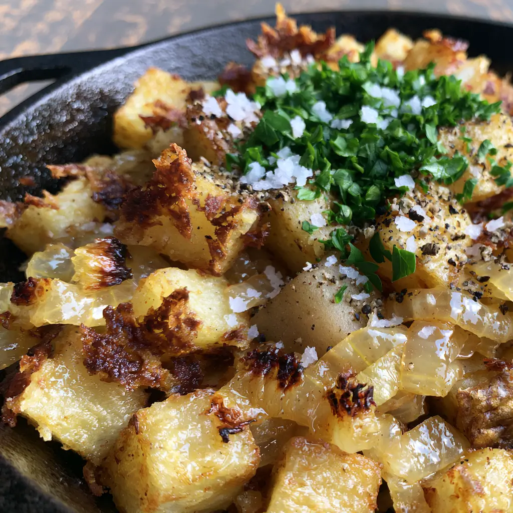 Southern Fried Potatoes with Crispy Edges and Caramelized Onions 1 Smartphone photo of fried potatoes and onions with shimmering oil and a garnish of coarse sea salt and parsley.