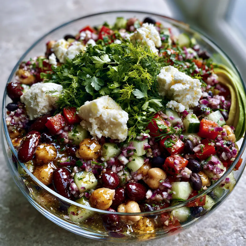 A forest of fresh green dill and parsley garnishing a dense bean salad with large chunks of white feta cheese.