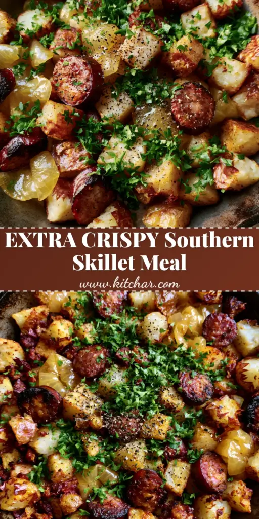 Southern Fried Potatoes and Sausage: The Ultimate Crispy Skillet Recipe 3 A seasoned black cast iron skillet filled with Southern Fried Potatoes and Sausage, featuring crispy golden-brown cubed potatoes and seared sausage rounds garnished with parsley.