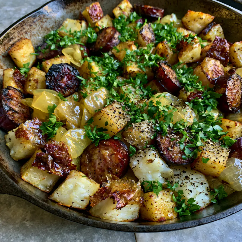 Southern Fried Potatoes and Sausage: The Ultimate Crispy Skillet Recipe 2 High-angle smartphone photo of Southern Fried Potatoes and Sausage with crispy jagged edges and dark caramelized sausage slices in a cast iron pan.