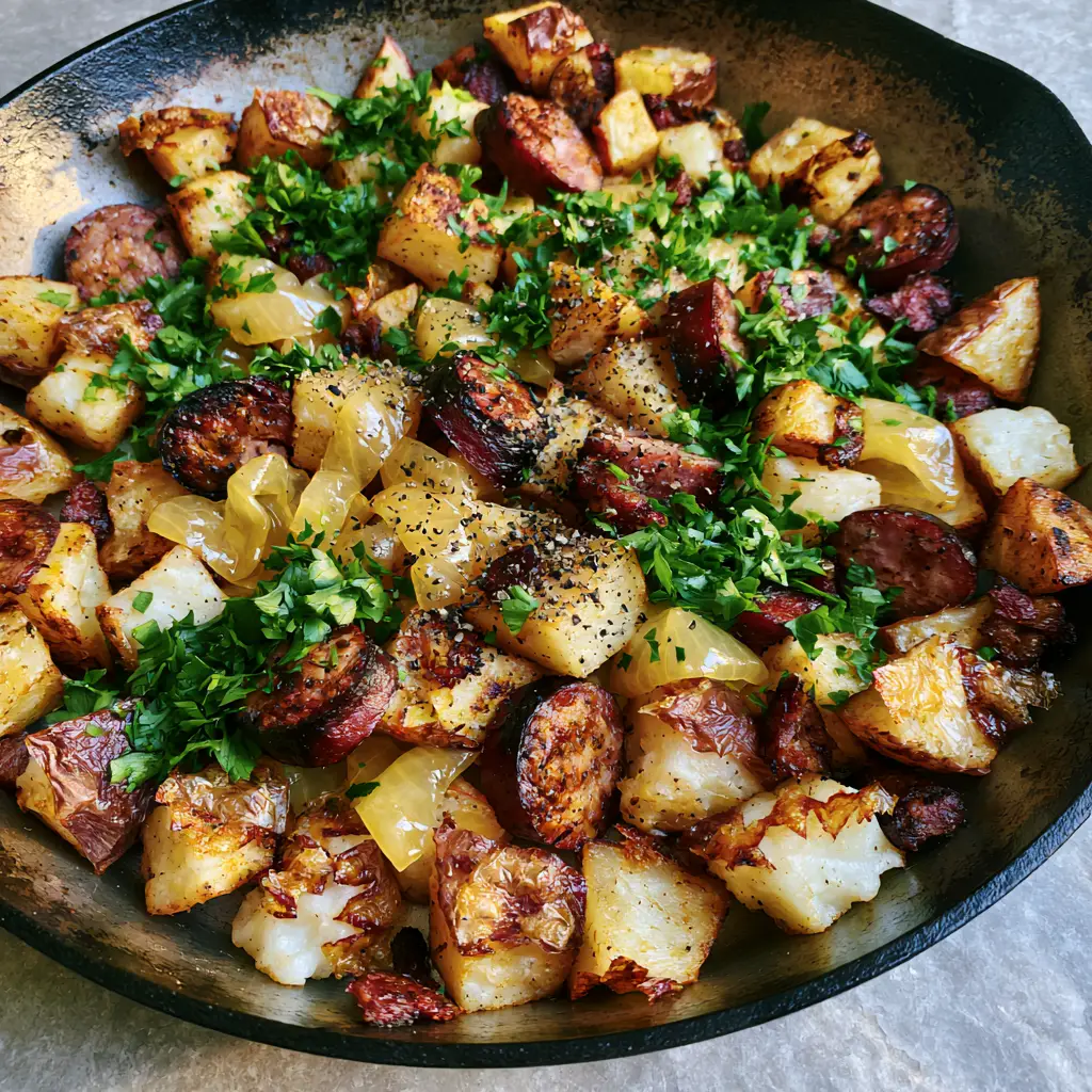Southern Fried Potatoes and Sausage: The Ultimate Crispy Skillet Recipe 1 Close-up of seared smoked sausage and softened yellow onions mixed with fried potatoes in a seasoned skillet.