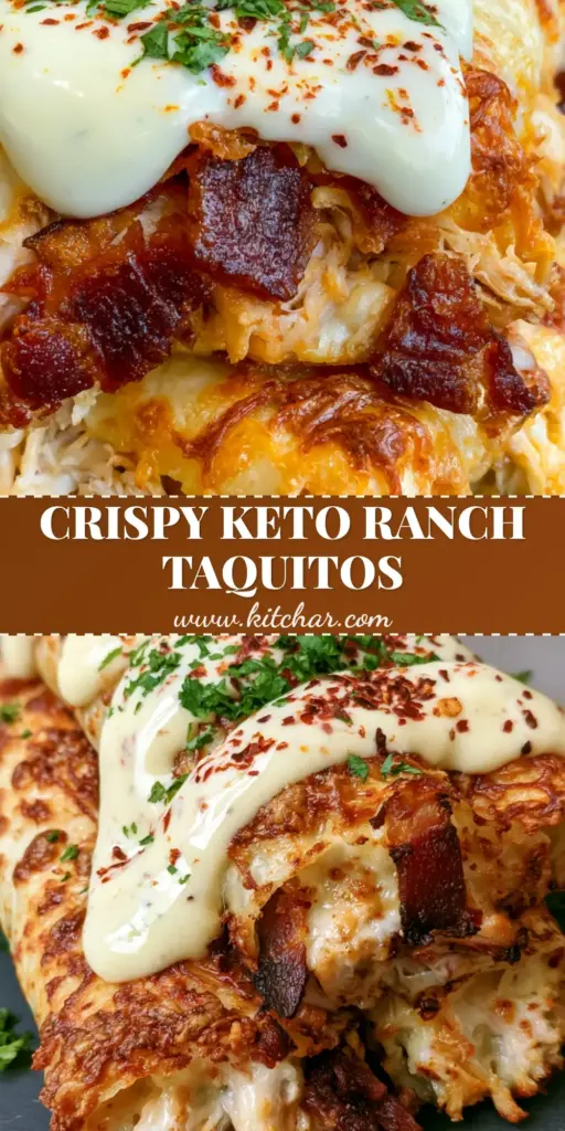 Keto Chicken Bacon Ranch Taquitos: The Ultimate Extra-Crispy Cheese Shell Recipe 4 A stack of three Keto Chicken Bacon Ranch Taquitos with crispy cheese shells, ranch drizzle, and cilantro garnish on a dark slate board.