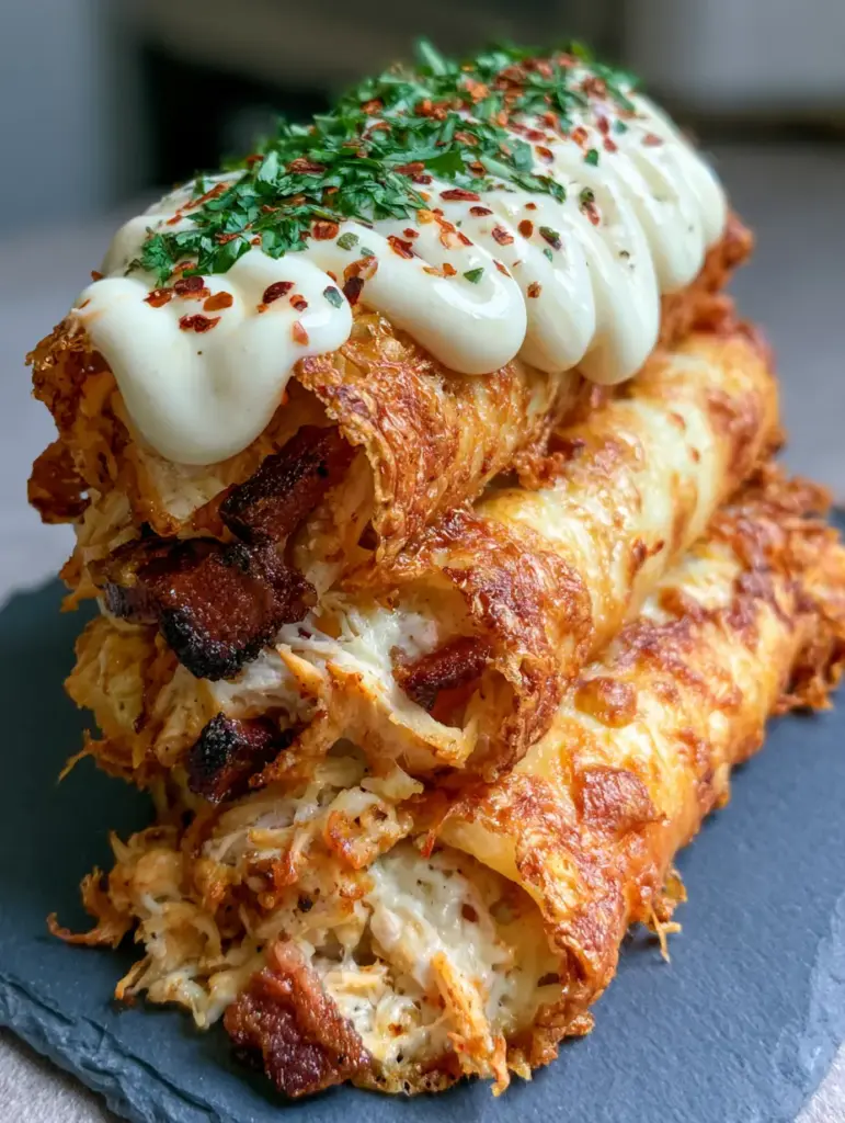 Keto Chicken Bacon Ranch Taquitos: The Ultimate Extra-Crispy Cheese Shell Recipe 1 Handheld view of Keto Chicken Bacon Ranch Taquitos with thick-cut mahogany bacon and ranch drizzle.