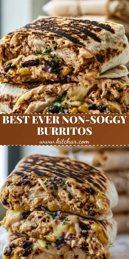 Make-Ahead Chicken Burritos with Fire-Roasted Corn and Chipotle Crema 4 A vertical stack of sliced Make-Ahead Chicken Burritos showing dense layers of shredded chicken, beans, corn, and melted cheese with visible sear marks.
