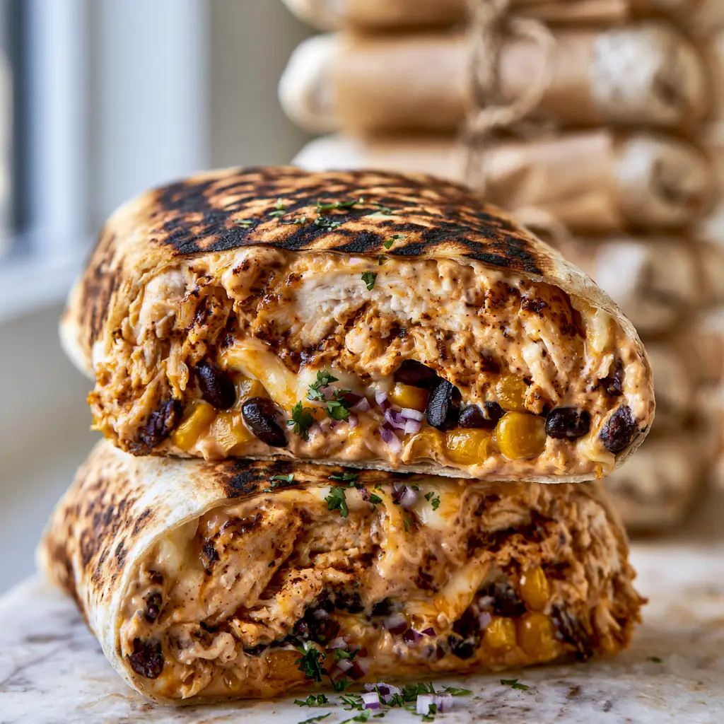 Make-Ahead Chicken Burritos with Fire-Roasted Corn and Chipotle Crema 2 Close-up cross-section of Make-Ahead Chicken Burritos with charred flour tortillas and vibrant cilantro garnishes on a marble countertop.