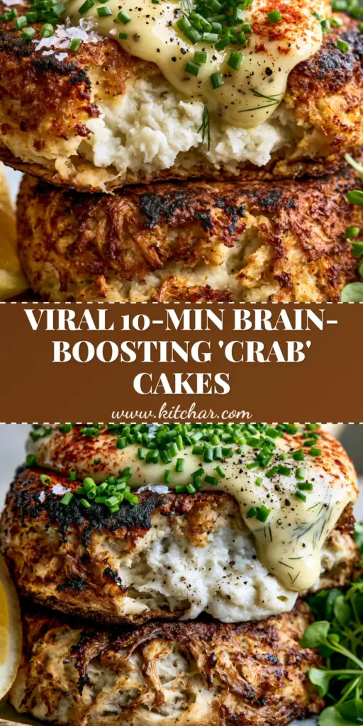 Stack of two pan-seared Lion's Mane Mushrooms cakes with crispy panko crust and melting aioli.