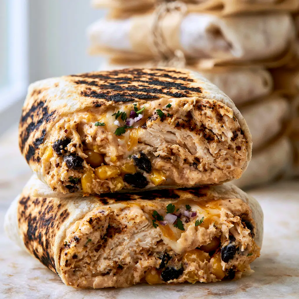 Make-Ahead Chicken Burritos with Fire-Roasted Corn and Chipotle Crema 1 Stacked burritos in the foreground with a background of parchment-wrapped Make-Ahead Chicken Burritos tied with twine.