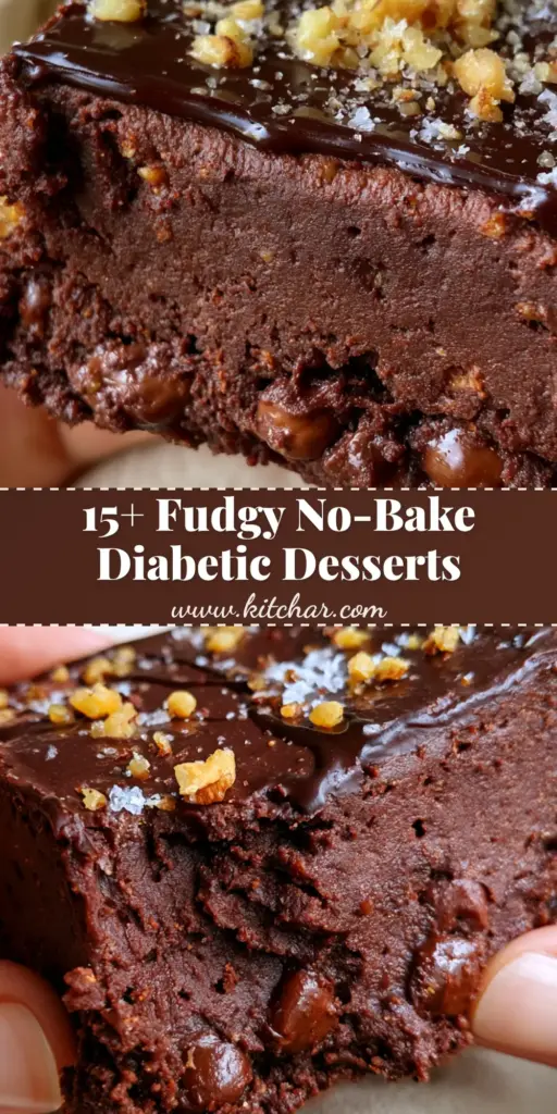 A stack of thick, no-bake fudgy brownies topped with glossy ganache and walnuts, perfect desserts for diabetics.
