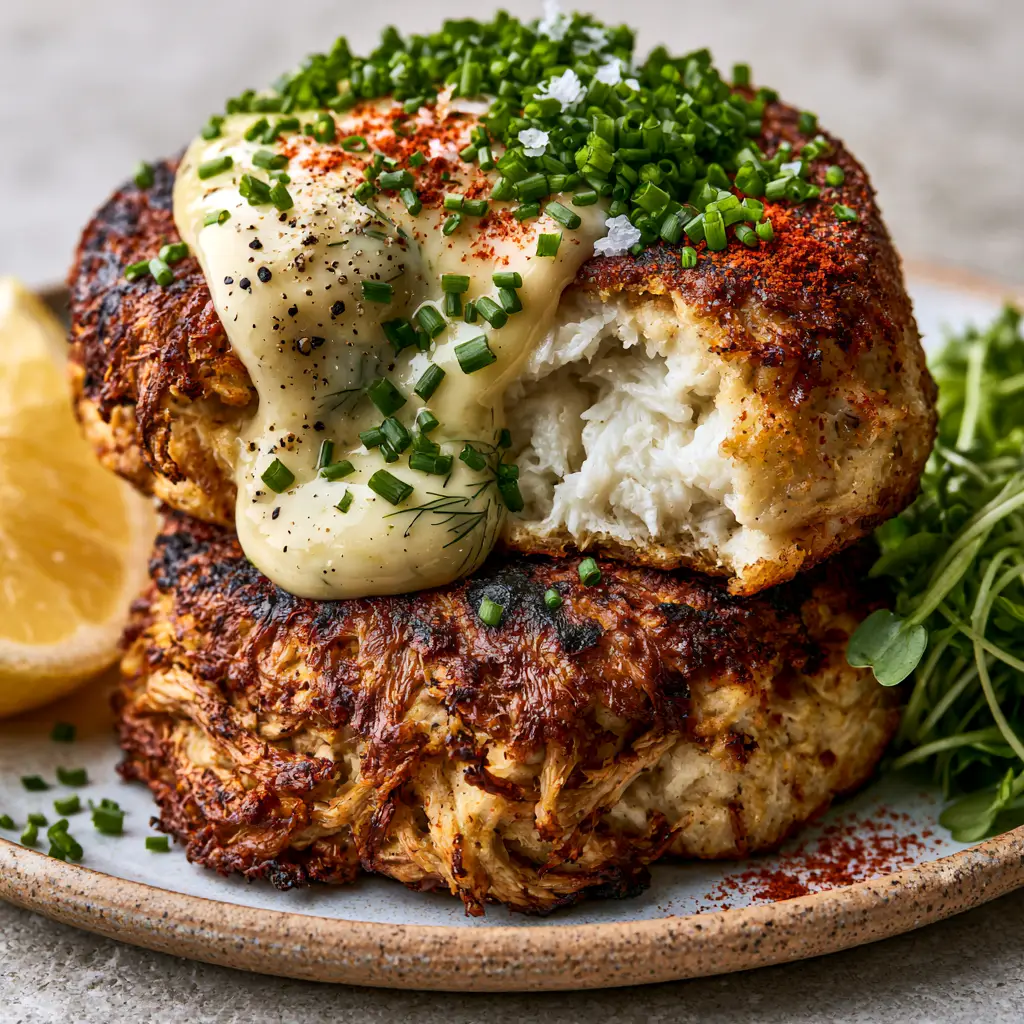 Two thick Lion's Mane Mushrooms cakes on a rustic plate with lemon-herb aioli and chives.