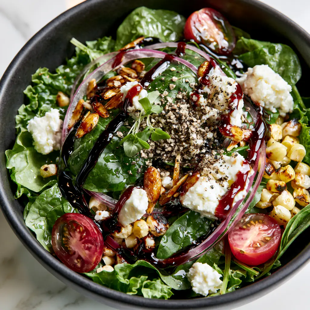 Top down view of a Spinach Salad with mahogany balsamic glaze drizzled in a zig-zag pattern over charred corn and feta cheese.