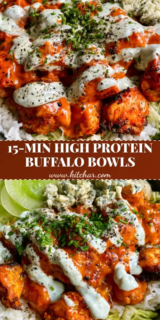 Buffalo Chicken Bowls with Air-Fried Crispy Chicken and Jasmine Rice 4 A top-down view of a gourmet buffalo chicken bowl with glossy orange chicken chunks, white ranch drizzle, and green chives on jasmine rice. (buffalo chicken bowls)