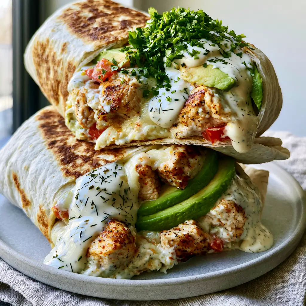 Close-up of chicken avocado ranch burritos cross-section showing juicy chicken cubes and creamy avocado.