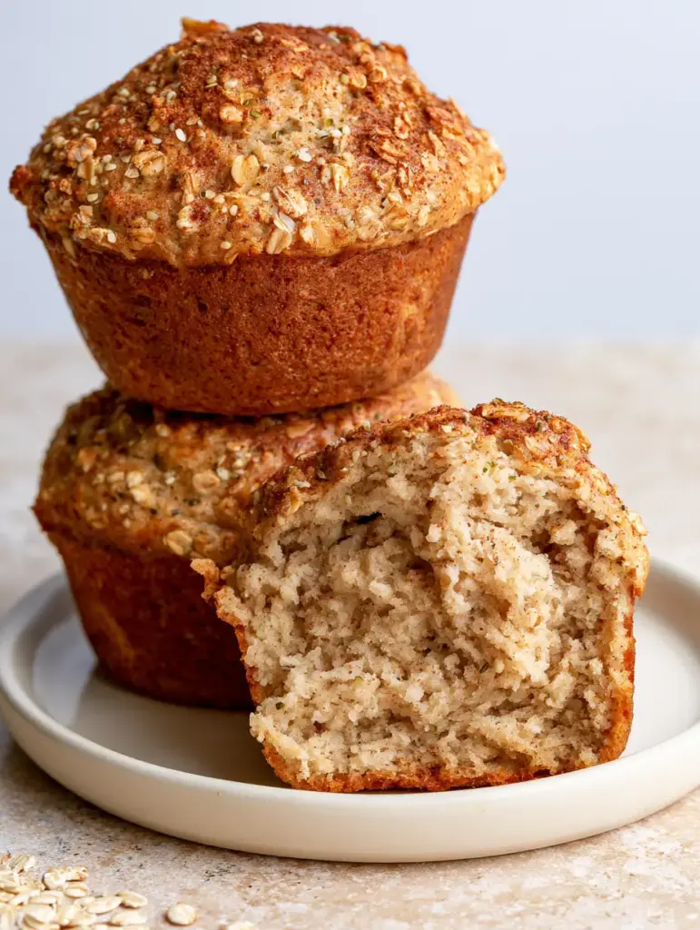Home 6 Close-up of fuel to go muffins with visible toasted oats, hemp seeds, and cinnamon flecks on a light stone surface.