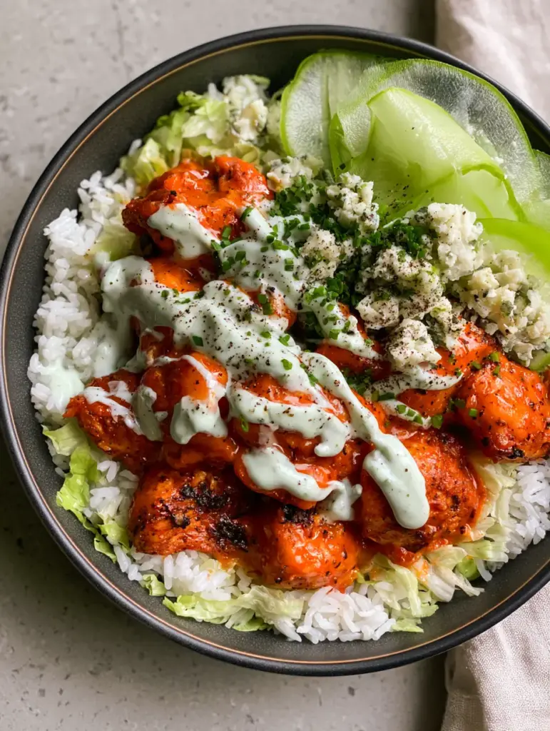 Close-up of air-fried buffalo chicken chunks with visible charred edges and vibrant orange glaze. (buffalo chicken bowls)