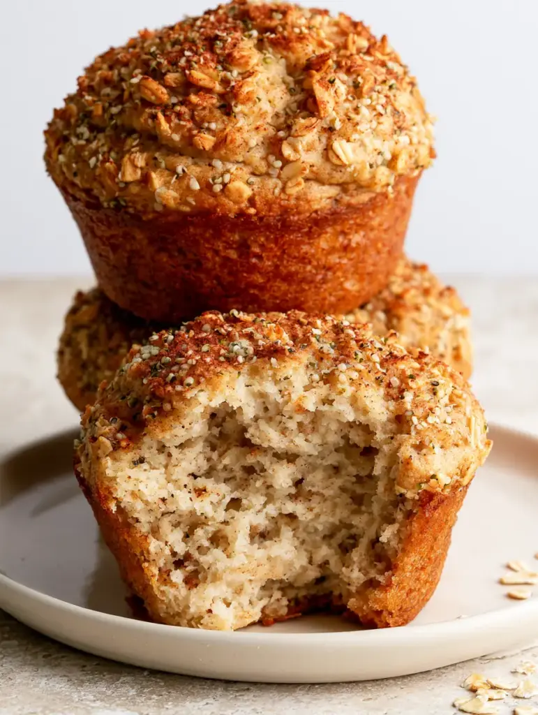 One fuel to go muffin split open showing a steaming moist and airy interior crumb with visible grains.