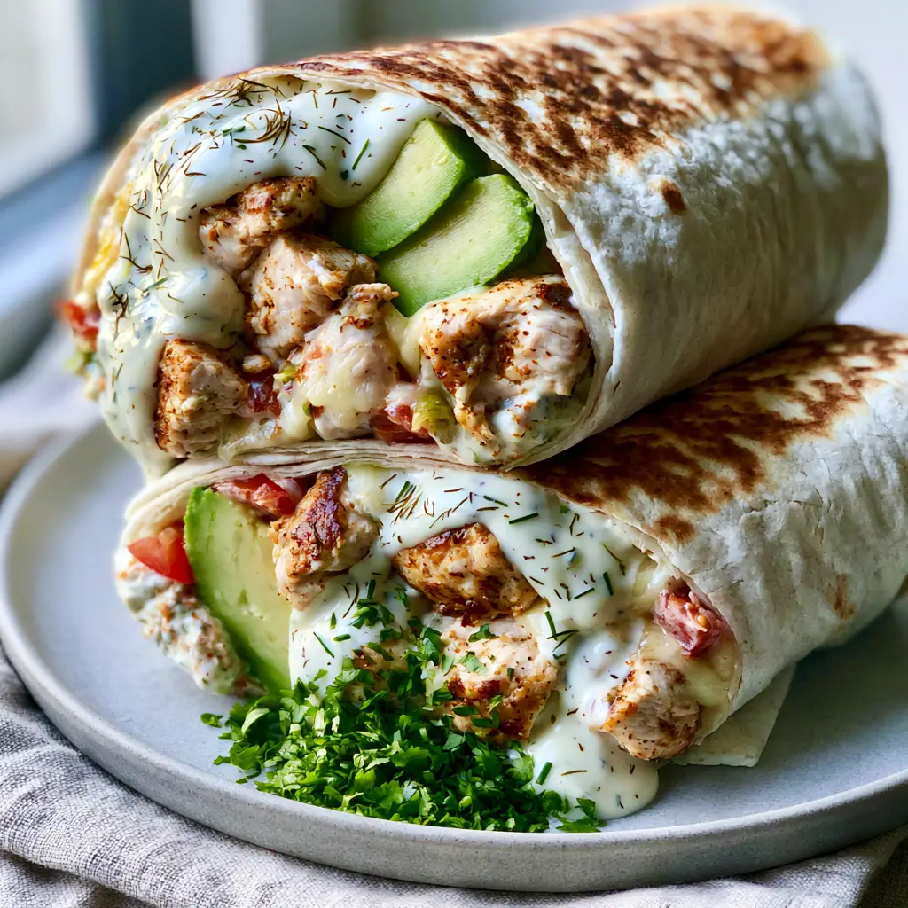 Chicken Avocado Ranch Burritos with Golden Toasted Tortillas 1 Searing chicken avocado ranch burritos in a skillet to achieve golden-brown marks.