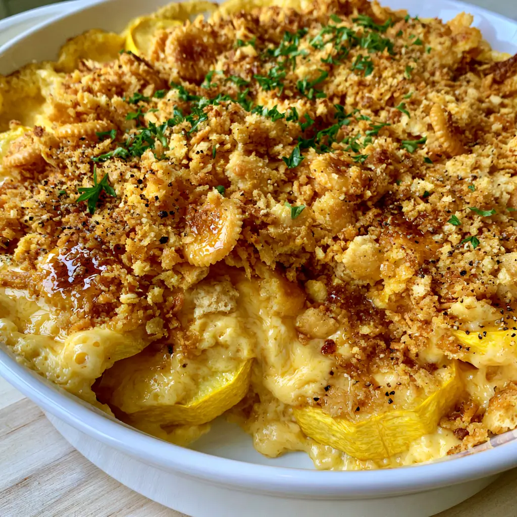 High-angle photo of Squash casserole showing bubbling cheddar cheese and toasted cracker topping.