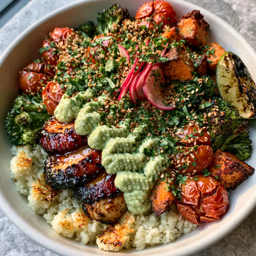 Paleo Family Dinner Recipes: Honey Garlic Chicken and Toasted Cauliflower Rice Bowls 1 A vibrant Paleo dinner bowl with charred broccoli, blistered tomatoes, and avocado lime crema.