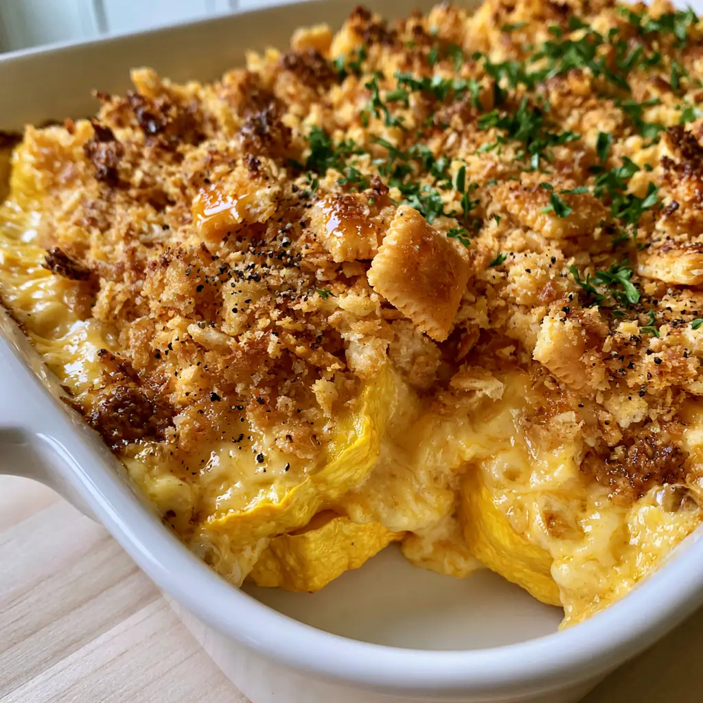 Squash casserole: The Ultimate Southern Cheesy Comfort Side Dish 1 A clean scoop of Squash casserole showing the solid, non-watery cross-section of squash medallions.