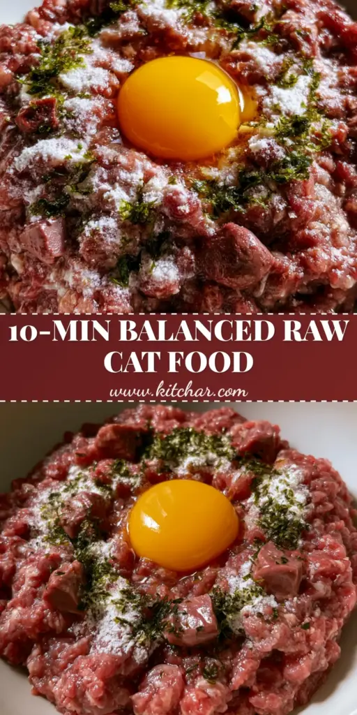 A minimalist white bowl filled with glistening coarsely ground rabbit meat and a golden quail egg yolk for a raw cat food recipe.