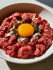 Macro close-up of fresh raw cat food recipe with diced beef heart, liver morsels, and a dusting of calcium powder.