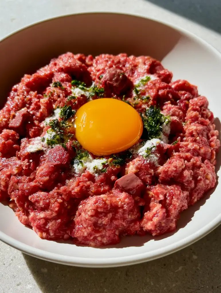 Macro close-up of fresh raw cat food recipe with diced beef heart, liver morsels, and a dusting of calcium powder.