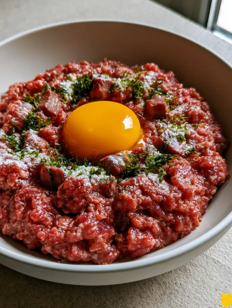 A perfectly plated raw cat food recipe in a white bowl showing the glossy quail egg yolk and kelp flakes.