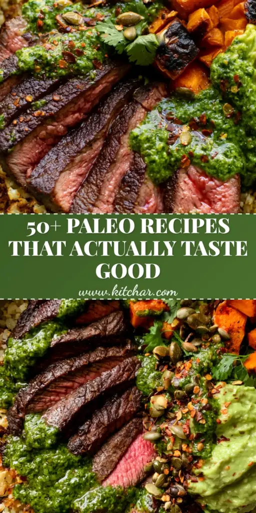 A colorful Paleo harvest bowl with sliced ribeye, roasted sweet potatoes, and chimichurri. (Paleo diet for beginners)
