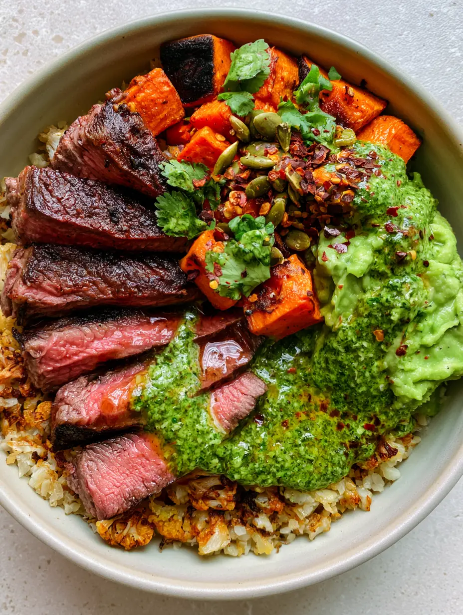 Close-up of a seared Paleo ribeye steak with a pink center and crispy cauliflower rice. (Paleo diet for beginners)