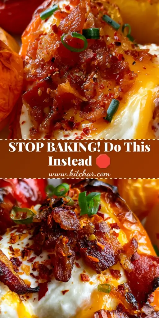 Cheese-Stuffed Mini Peppers: The Ultimate Air Fryer Appetizer with a Perfect Cheese Pull 4 A close-up vertical shot of three air-fried cheese-stuffed mini peppers with a gooey cheese pull and bacon bits.