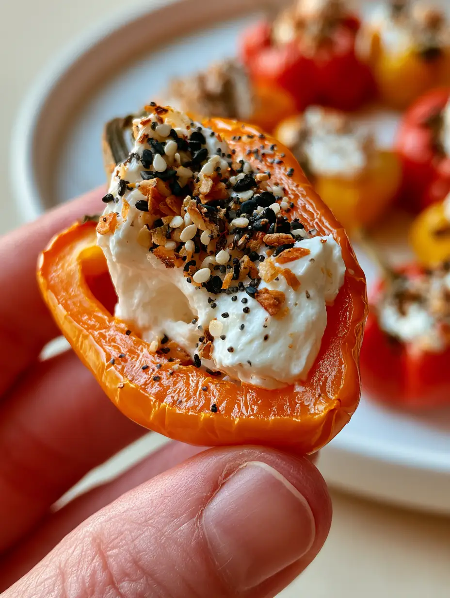 Close-up of a hand holding a single orange cold stuffed mini pepper with whipped cream cheese and everything bagel seasoning. (cold stuffed mini peppers)