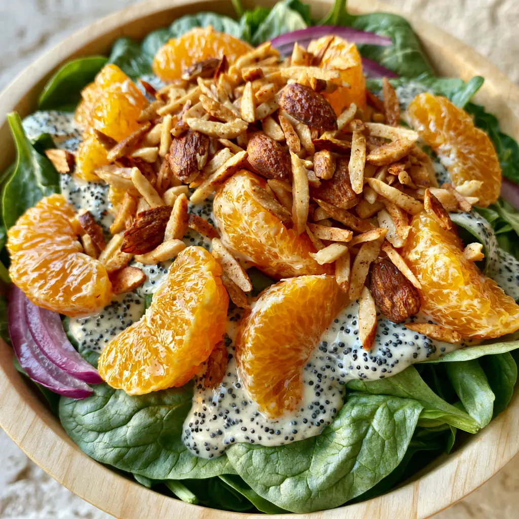 Spinach Mandarin Salad with Creamy Poppy Seed Dressing 2 Smartphone photo of spinach mandarin salad showing plump orange segments and golden toasted almonds. (spinach mandarin salad)