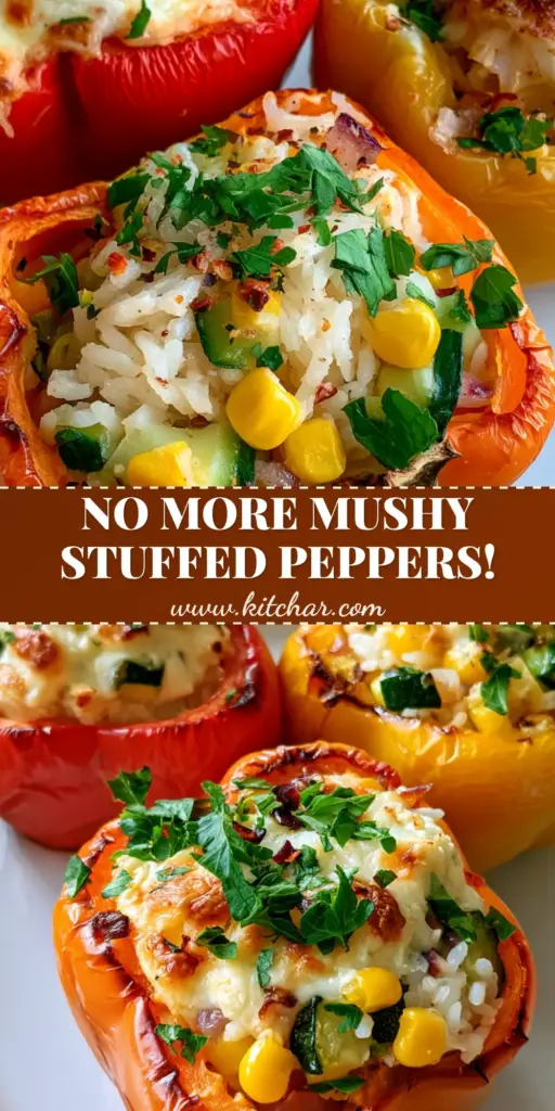 Stuffed Bell Peppers with Rice & Veggies: The Ultimate Vibrant Vegetarian Roast 4 A trio of vibrant red, orange, and yellow Stuffed Bell Peppers with Rice & Veggies, topped with melted mozzarella and feta, garnished with parsley.