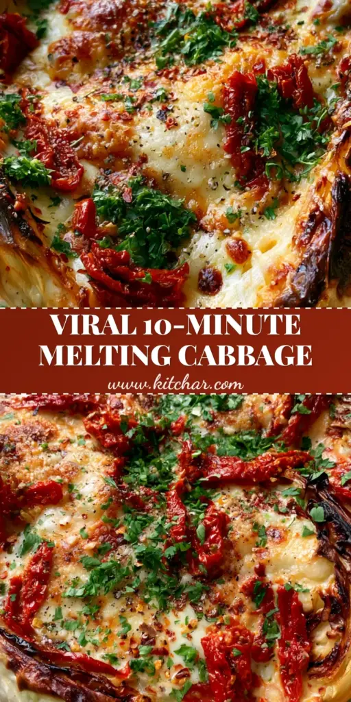 A rustic cast iron skillet filled with Marry Me Melting Cabbage wedges in a sun-dried tomato cream sauce topped with melted bubbly cheese. (Marry Me Melting Cabbage)