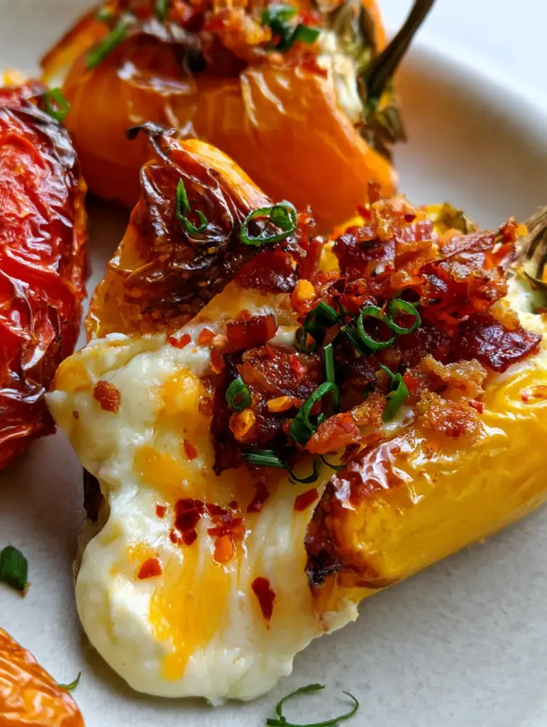 Cheese-Stuffed Mini Peppers: The Ultimate Air Fryer Appetizer with a Perfect Cheese Pull 2 Extreme macro close-up of blistered red and orange cheese-stuffed mini peppers with bacon and chives.