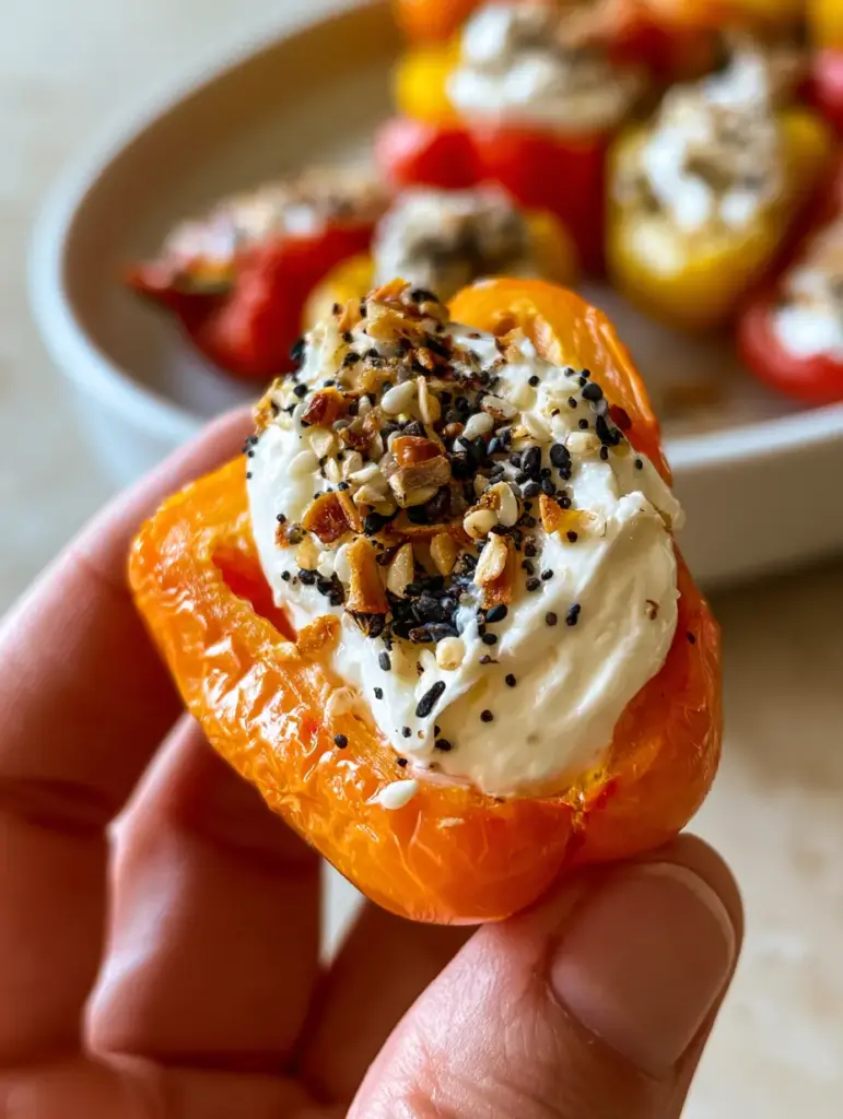 A high-detail photo of vibrant red and yellow cold stuffed mini peppers on a white ceramic plate.