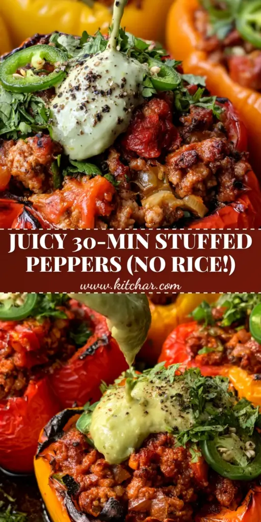 Whole30 Stuffed Peppers with Juicy Ground Turkey and Avocado-Lime Drizzle 4 A cast iron skillet featuring three upright Whole30 stuffed peppers in red, yellow, and orange, topped with avocado lime drizzle and jalapeños.