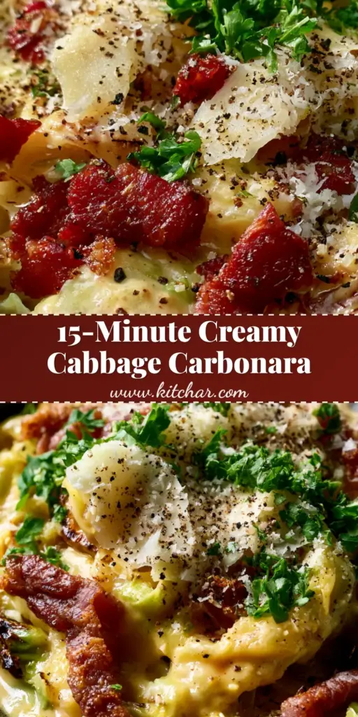 Extreme macro close-up of Cabbage Carbonara with glossy egg sauce, smoky bacon lardons, and cracked black pepper in a dark rustic bowl. (cabbage carbonara)