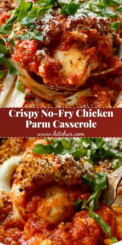 A bubbling Chicken Parmesan Casserole in a white dish with a deep golden panko crust, melted mozzarella strings, and fresh basil.
